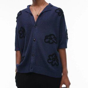 Men's Topman Floral Open Knit Embroidered Camp Collar Shirt Oversized Loose Fit